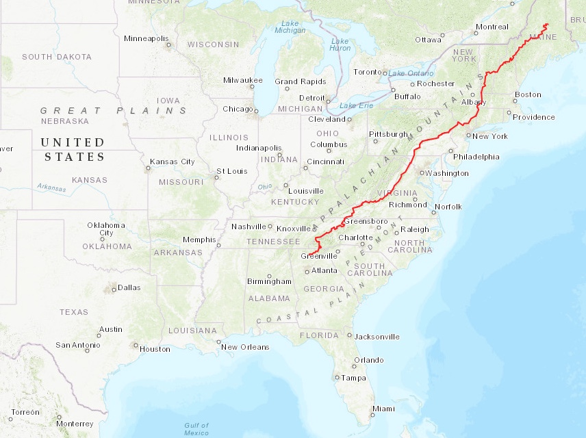 Map of a 2,200 mile trail running from Maine to Georgia